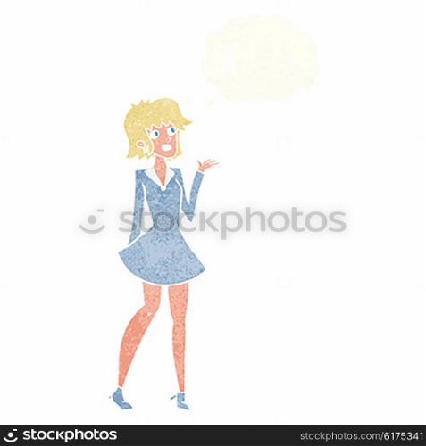 cartoon pretty woman in dress with thought bubble