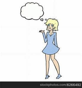 cartoon pretty woman in dress with thought bubble