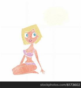 cartoon pretty woman in underwear with thought bubble
