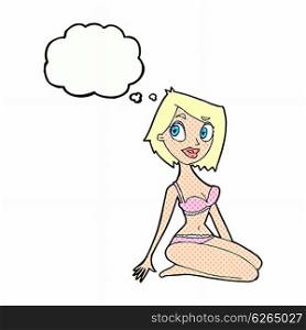 cartoon pretty woman in underwear with thought bubble