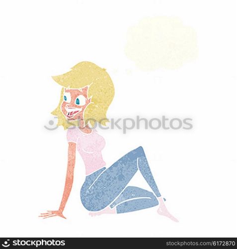 cartoon pretty woman looking happy with thought bubble