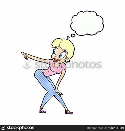 cartoon pretty woman pointing with thought bubble