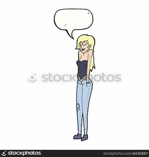 cartoon pretty woman shrugging shoulders with speech bubble