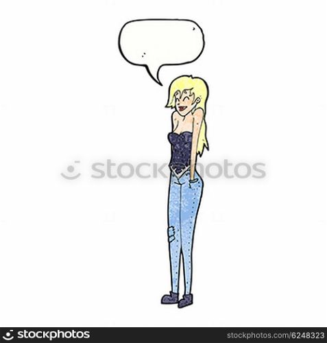 cartoon pretty woman shrugging shoulders with speech bubble