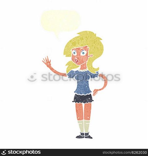 cartoon pretty woman waving for attention with speech bubble