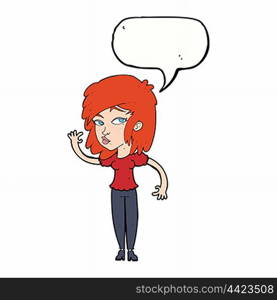 cartoon pretty woman waving with speech bubble