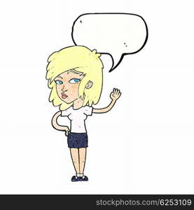 cartoon pretty woman waving with speech bubble