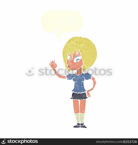 cartoon pretty woman waving with speech bubble