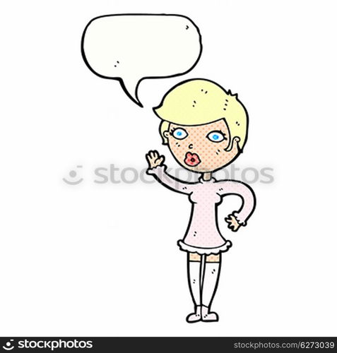 cartoon pretty woman waving with speech bubble