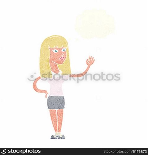 cartoon pretty woman waving with thought bubble