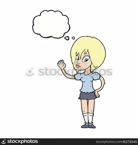 cartoon pretty woman waving with thought bubble