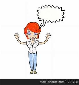 cartoon pretty woman with hands in air with speech bubble