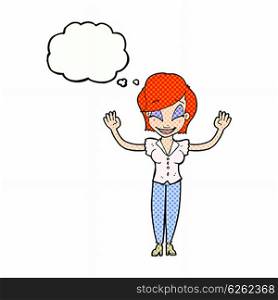 cartoon pretty woman with hands in air with thought bubble