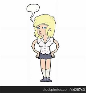 cartoon pretty woman with hands on hips with speech bubble