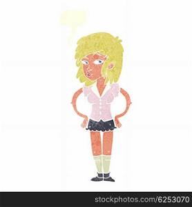 cartoon pretty woman with hands on hips with speech bubble
