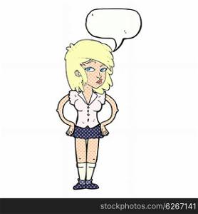 cartoon pretty woman with hands on hips with thought bubble