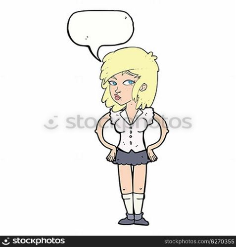 cartoon pretty woman with hands on hips with thought bubble