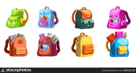 Cartoon primary schoolbags set. Childish school backpacks with supplies in open pockets, colorful bright bags and rucksacks. Vector illustration for elementary education, stationery concept