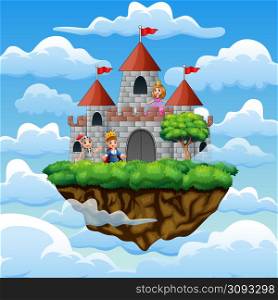 Cartoon prince and princess in front a castle on the cloud