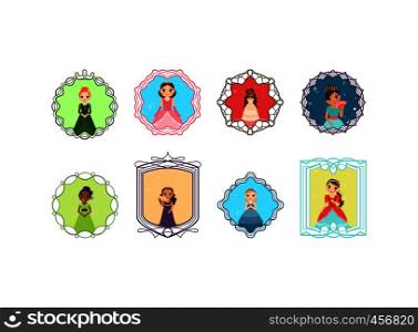 Cartoon princess set with decorative frames. Vector illustration. Cartoon princess set with frames