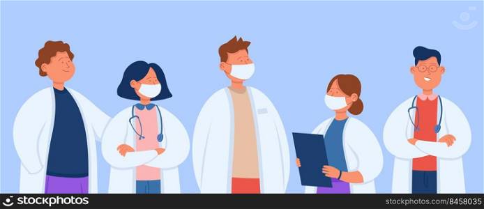 Cartoon professional hospital team of doctors. Flat vector illustration. Clinic staff in masks, group of specialists, physicians in uniform. Healthcare, illness, medicine, emergency support concept