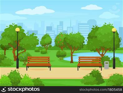 Cartoon public city park with green trees, benches and lake. Summer outdoor scenery urban park nature landscape vector illustration. Lawn or meadow with little pond and green plants. Cartoon public city park with green trees, benches and lake. Summer outdoor scenery urban park nature landscape vector illustration