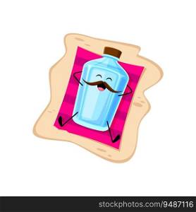 Cartoon pulque character summer vacation. Funny vector bottle personage relax on beach mat, tanning and relax on the ocean coastline or hotel pool. Alcohol drink glass flask on summertime holidays. Cartoon pulque character summer vacation, vector