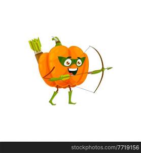 Cartoon pumpkin fairytale hero isolated vector icon. Funny vegetable in cloak and mask shoot with bow. Fairy tale robin hood character, healthy food, vitamin superhero personage. Cartoon pumpkin fairytale hero isolated icon.