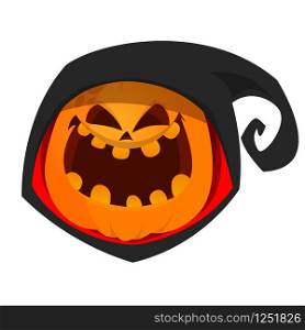 Cartoon pumpkin head in black hood. Halloween vector illustration