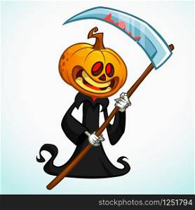 Cartoon pumpkin head monster with red eyes. Vector pumpkin reaper in black hood with scythe isolated on white