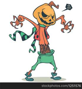 Cartoon pumpkin head scarecrow. Vector template for Halloween party