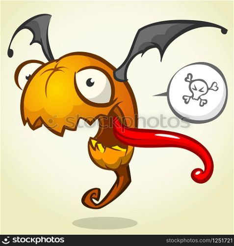 Cartoon pumpkin head with bat wings flying and screaming. Vector Halloween illustration isolated