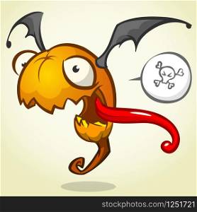 Cartoon pumpkin head with bat wings flying and screaming. Vector Halloween illustration isolated
