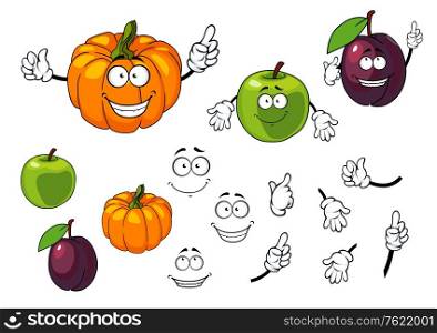 Cartoon pumpkin, plum and apple with happy faces isolated on white background