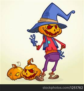 Cartoon pumpkin scarecrow. Halloween vector illustration of a happy scarecrow waving. Vector isolated on white