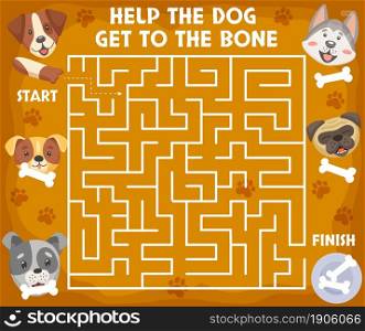 Cartoon puppies and dogs, kids labyrinth maze game. Vector boardgame with cute puppies heads and paws. Help the dog get to the bone riddle for children attention activity. Mind development worksheet. Cartoon puppies and dogs, kids labyrinth maze game