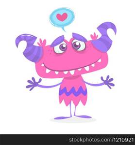 Cartoon purple cute and cool monster in love. St Valentines vector illustration of loving and hugging monster