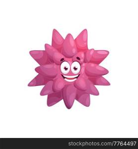 Cartoon purple virus character. Funny microorganism or pathogen vector mascot, pink germ, star shape microbe or disease cell cute isolated character personage with happy smiling face. Cartoon funny purple virus vector character