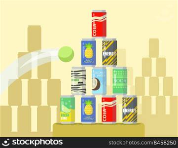Cartoon pyramid of lemonade cans flat vector illustration. Tennis ball flying into pyramid of different canned drinks displayed on showcase. Drinks, shopping, marketing concept for banner design