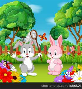 Cartoon rabbit couples with butterfly