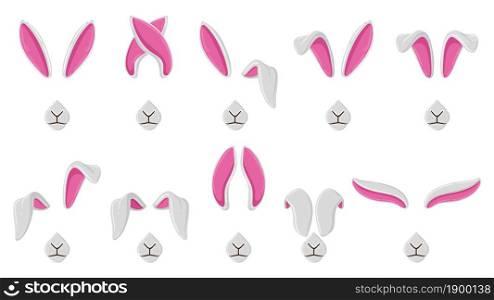 Cartoon rabbit ears, cute bunny ears selfie or video chat masks. Rabbit ears and noses selfie filters or photo vector illustration. Bunny video chat masks. Rabbit selfie bunny, animal ear funny mask. Cartoon rabbit ears, cute bunny ears selfie or video chat masks. Rabbit ears and noses selfie filters or mobile photo editor vector illustration set. Bunny video chat masks