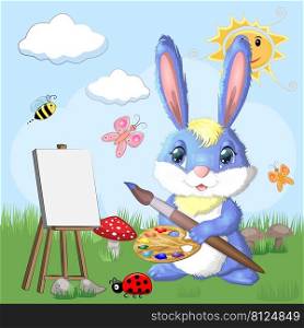 Cartoon rabbit, hare artist with brush, paints, easel. Cute child character, symbol of 2023 new chinese year.. Cartoon rabbit, hare artist with brush, paints, easel. Cute child character, symbol of 2023 new chinese year