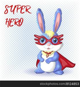 Cartoon rabbit, hare superhero in red cloak and mask. Cute childish character, Easter, spring, symbol of 2023 Chinese New Year. Cartoon rabbit, hare superhero in red cloak and mask. Cute childish character, Easter, spring, symbol of 2023