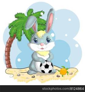 Cartoon rabbit, hare with a football ball. Cute childish character, symbol of 2023 new chinese year.. Cartoon rabbit, hare with a football ball. Cute childish character, symbol of 2023 new chinese year