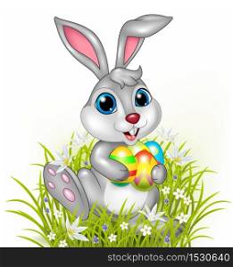 Cartoon rabbit holding colorful easter eggs
