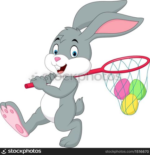 Cartoon rabbit hunting Easter eggs