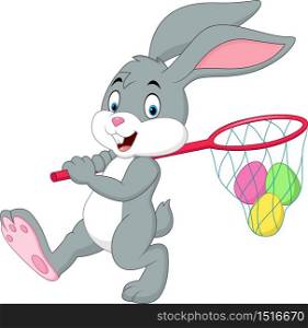 Cartoon rabbit hunting Easter eggs