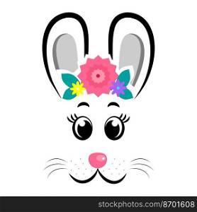 cartoon rabbit masks with gray ears and flowers on white isolated background. rabbit masks with gray ears and flowers