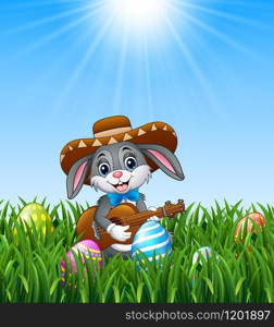 Cartoon rabbit mexican playing guitar and singing in the grass