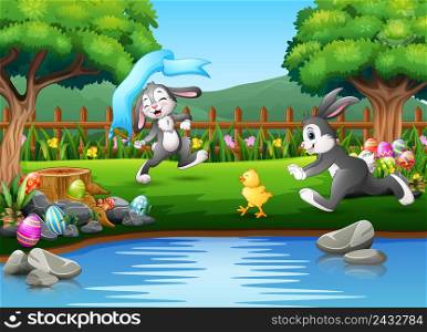 Cartoon rabbit running and playing on the nature